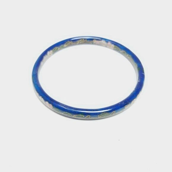 Vintage Blue Enamel and Floral Design Bangle Bracelet, Stacking, Retro Estate - Picture 7 of 7